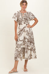 Taupe Floral Smocked Front Tie Maternity Midi Dress