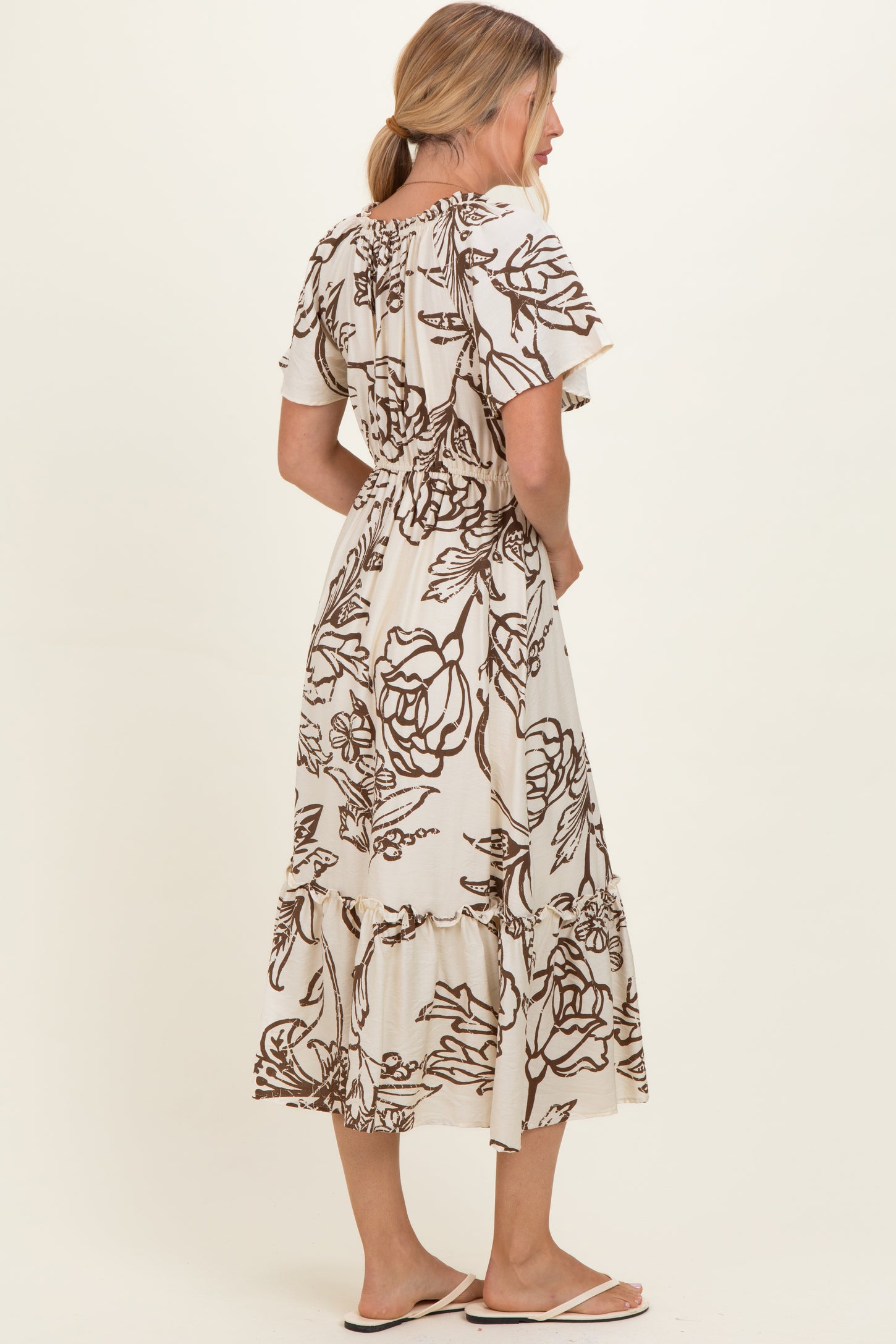 Taupe Floral Smocked Front Tie Midi Dress
