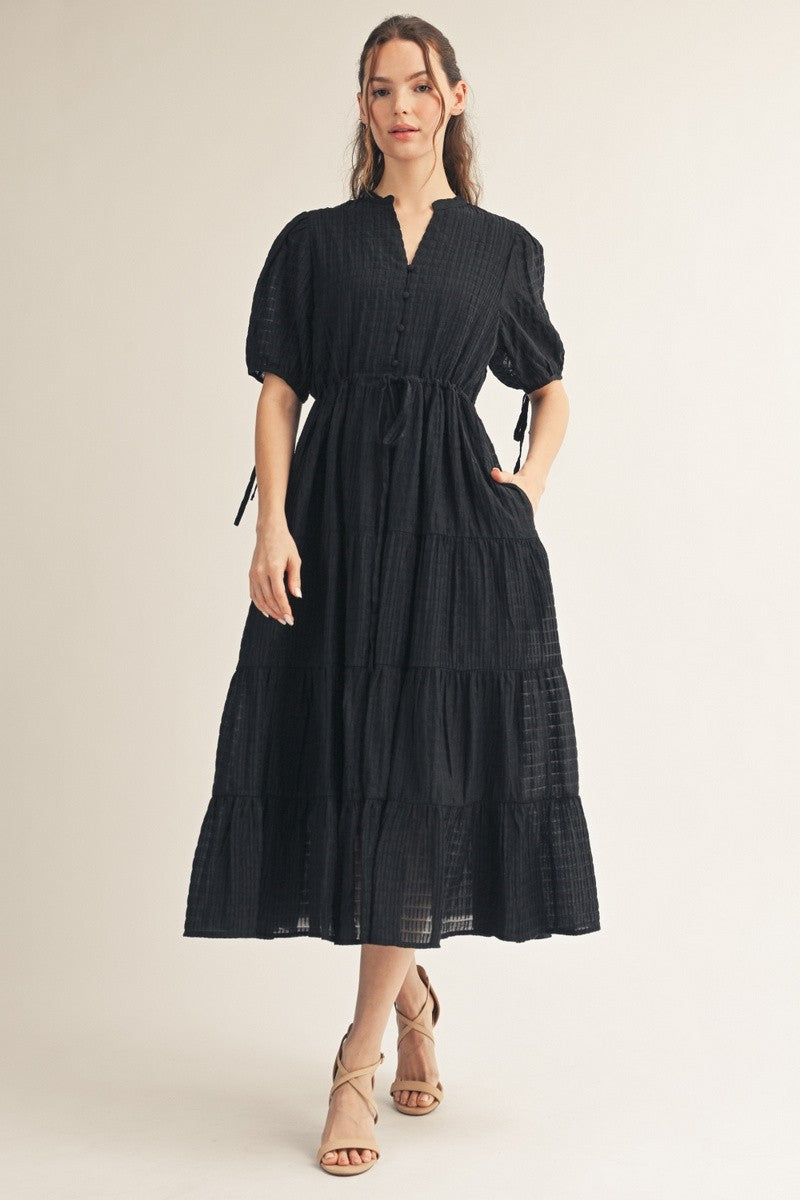 Black Drawstring Waist Tiered Midi Dress