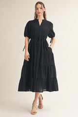 Black Drawstring Waist Tiered Midi Dress