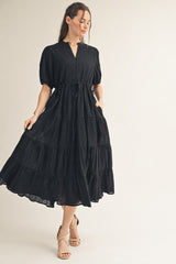 Black Drawstring Waist Tiered Midi Dress