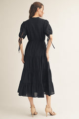 Black Drawstring Waist Tiered Midi Dress