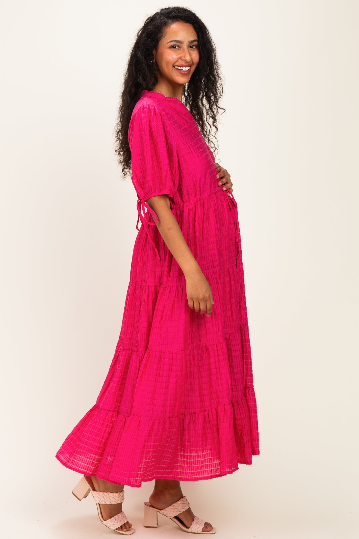 Fuchsia Drawstring Waist Tiered Maternity Midi Dress