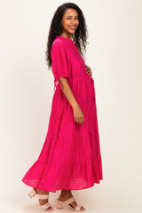 Fuchsia Drawstring Waist Tiered Maternity Midi Dress