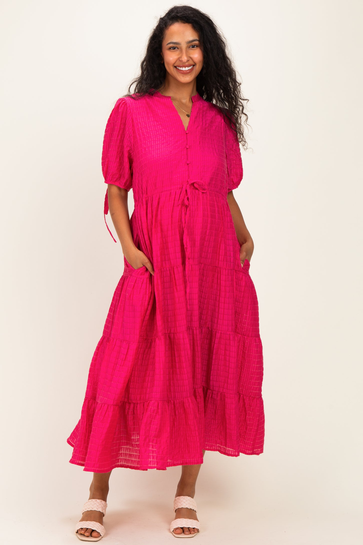 Fuchsia Drawstring Waist Tiered Maternity Midi Dress