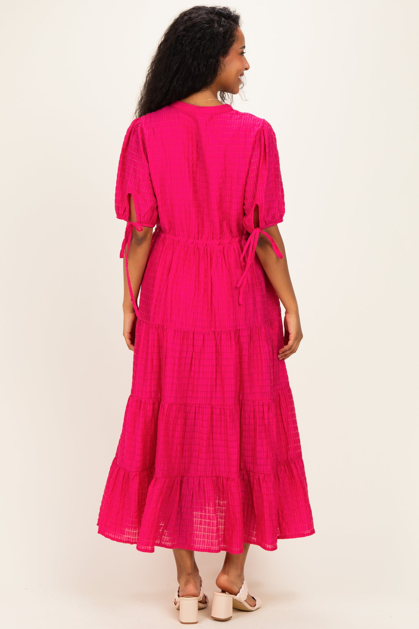 Fuchsia Drawstring Waist Tiered Maternity Midi Dress