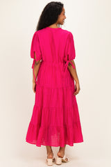 Fuchsia Drawstring Waist Tiered Maternity Midi Dress