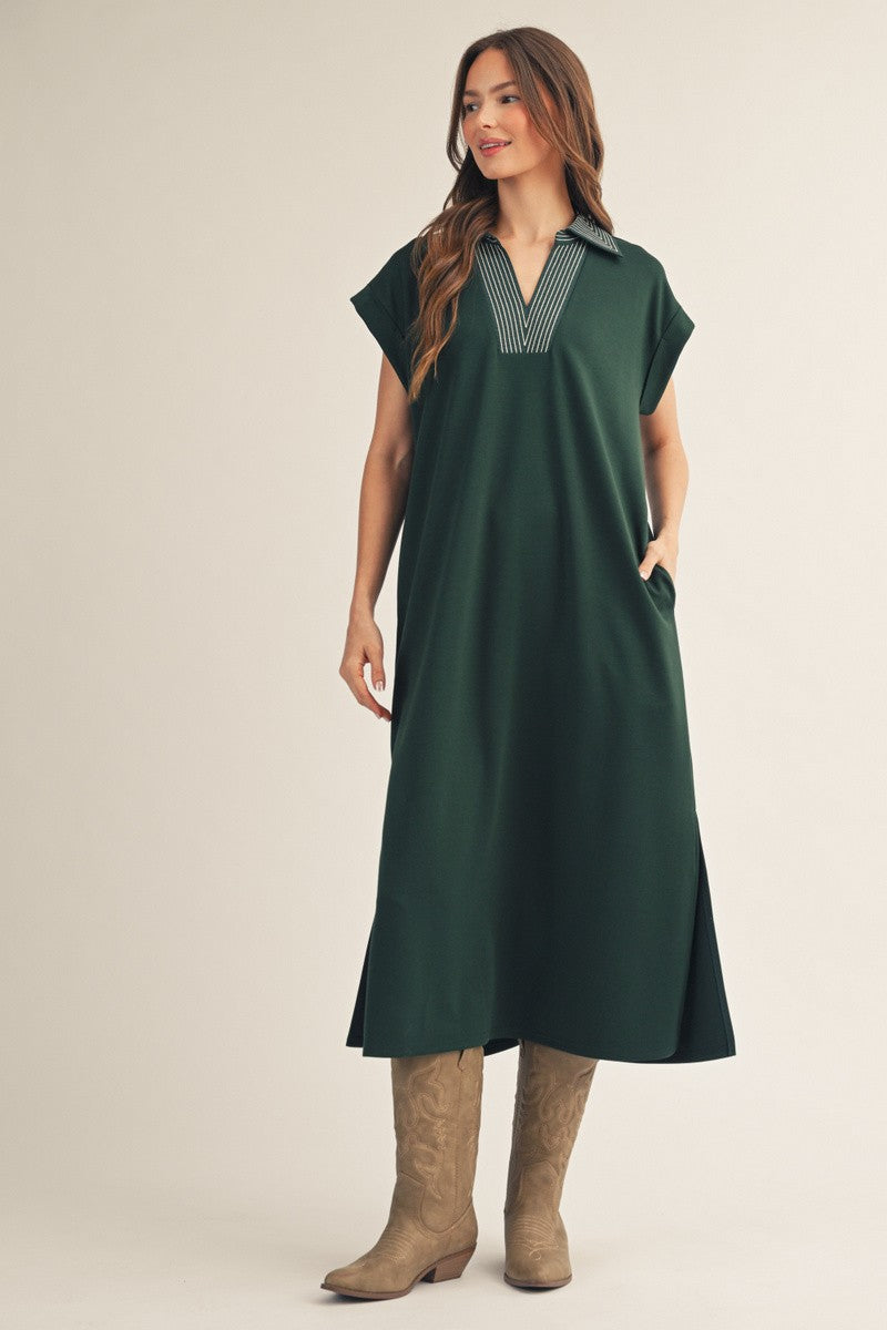 Hunter Green Striped Collared Side Slit Midi Dress
