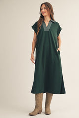 Hunter Green Striped Collared Side Slit Midi Dress