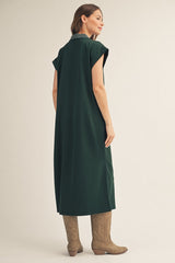 Hunter Green Striped Collared Side Slit Midi Dress