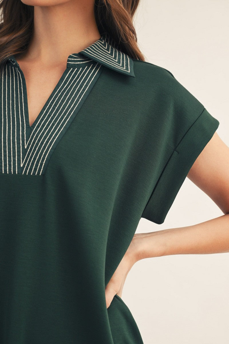 Hunter Green Striped Collared Side Slit Midi Dress