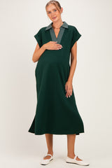 Hunter Green Striped Collared Side Slit Maternity Midi Dress