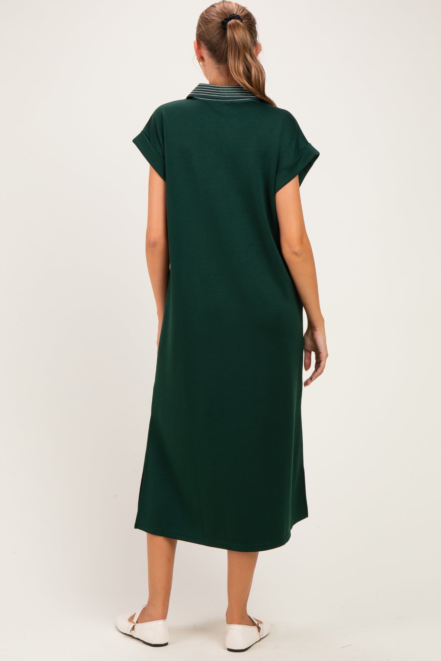 Hunter Green Striped Collared Side Slit Maternity Midi Dress