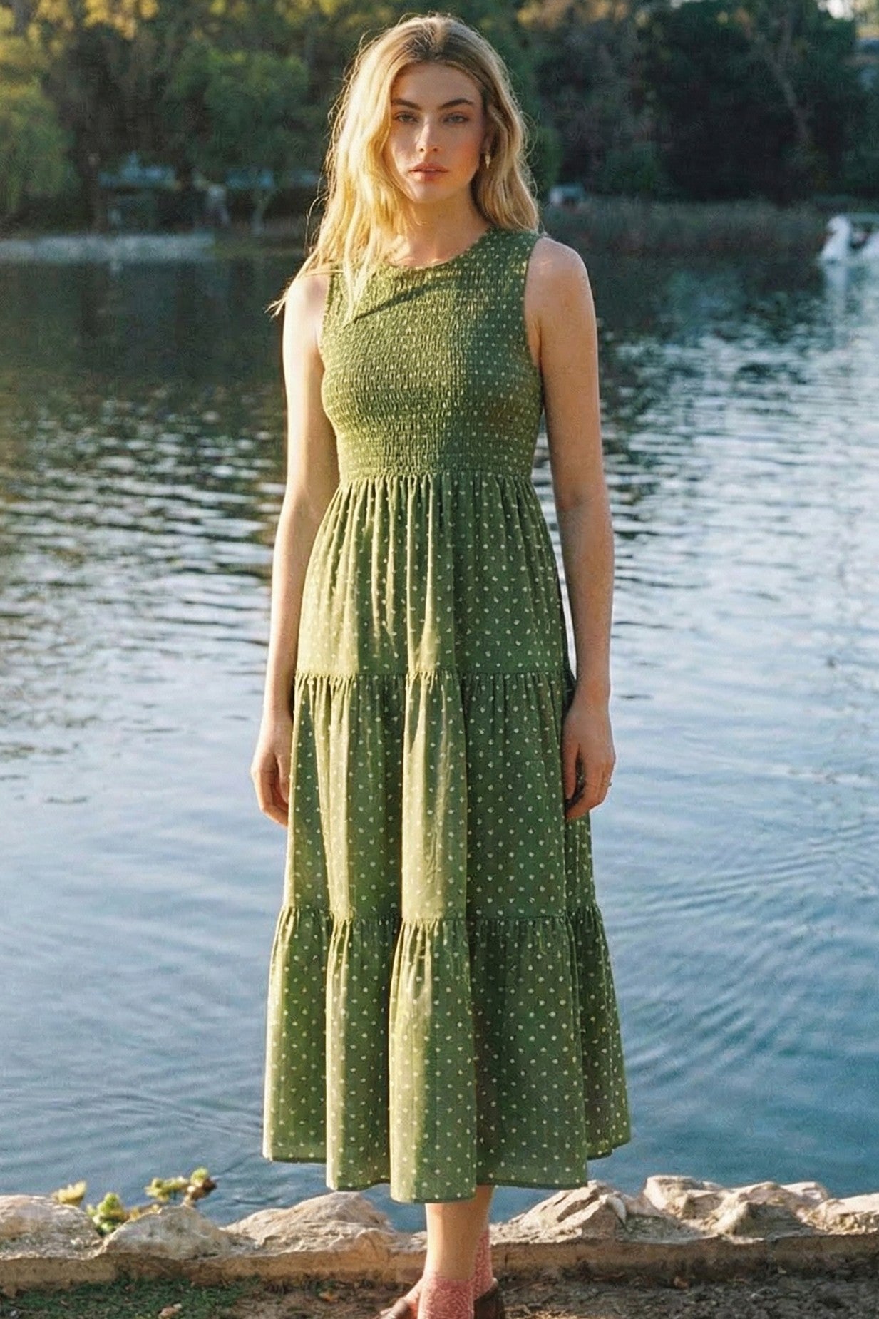 Olive Polka Dot Smocked Tiered Maternity Maxi Dress