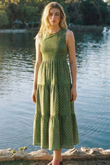 Olive Polka Dot Smocked Tiered Maxi Dress