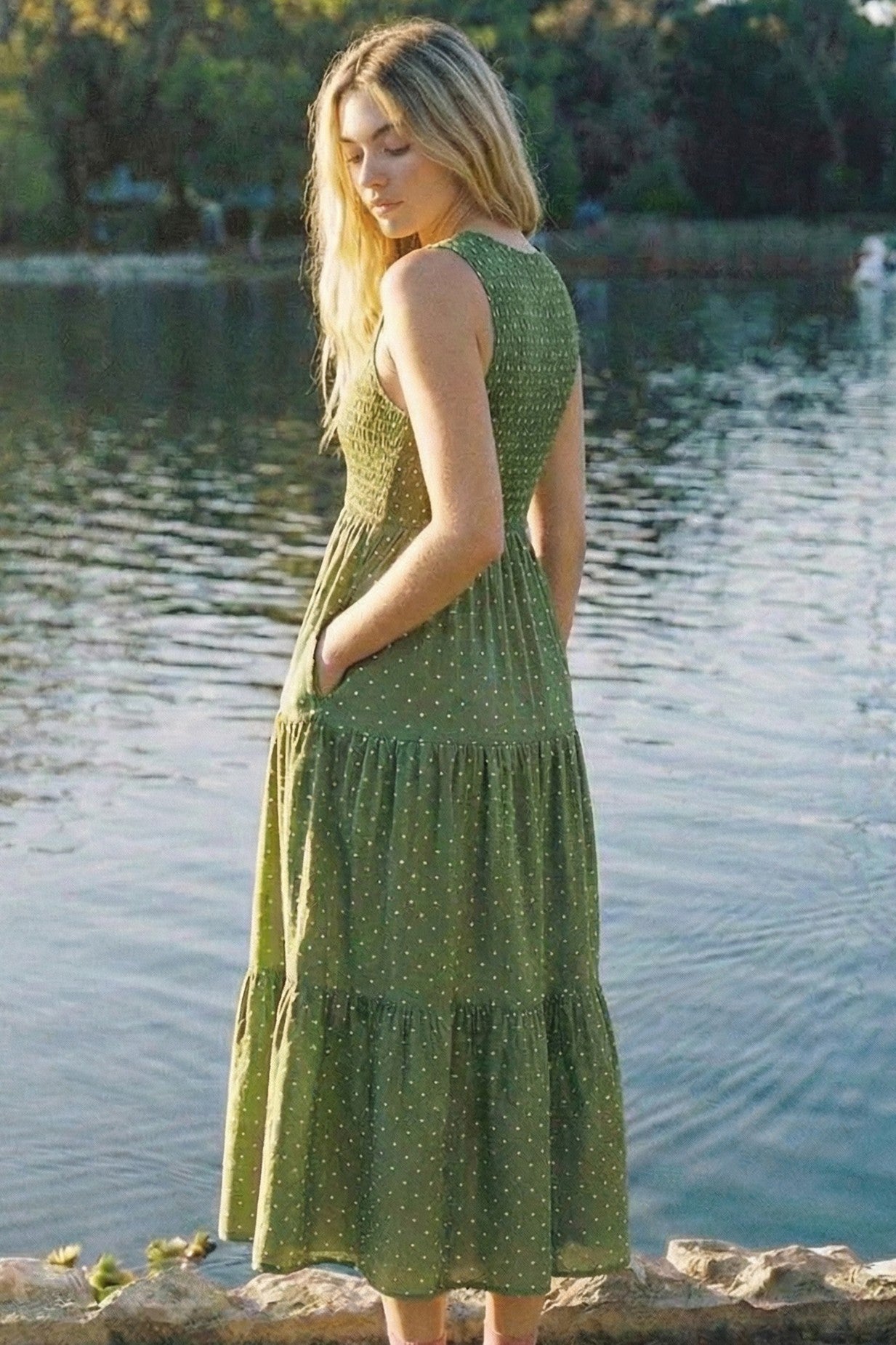 Olive Polka Dot Smocked Tiered Maxi Dress