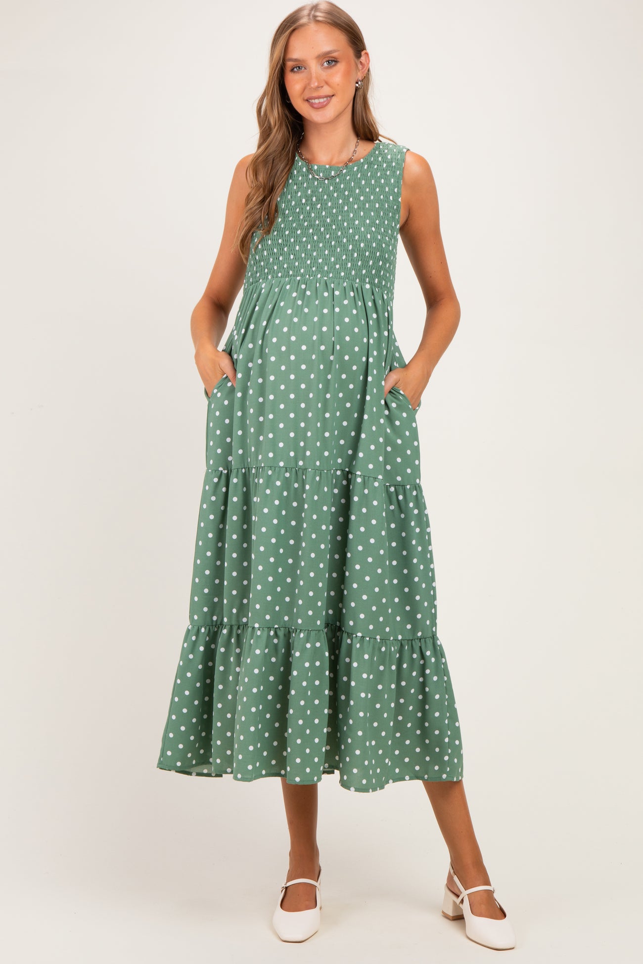 Olive Polka Dot Smocked Tiered Maternity Maxi Dress