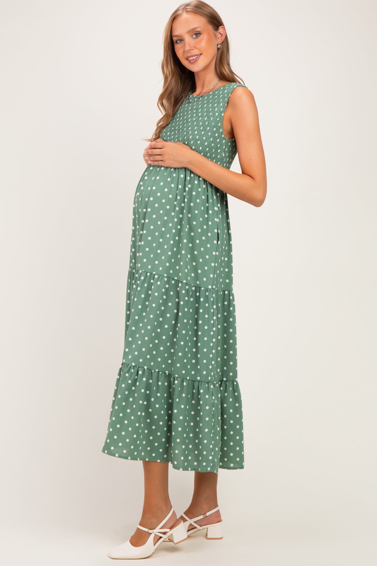 Olive Polka Dot Smocked Tiered Maternity Maxi Dress