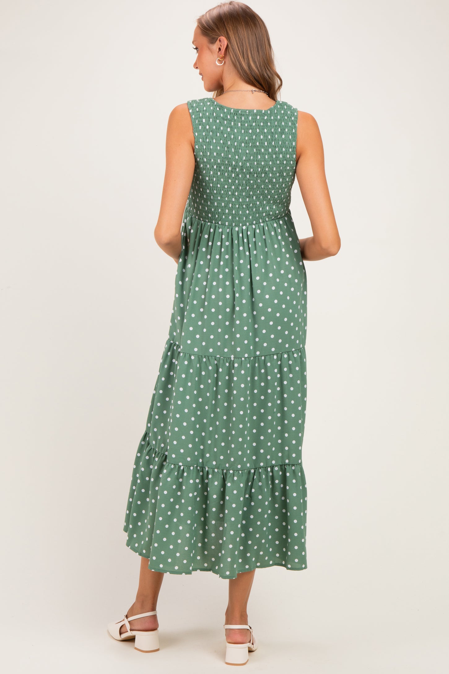 Olive Polka Dot Smocked Tiered Maternity Maxi Dress