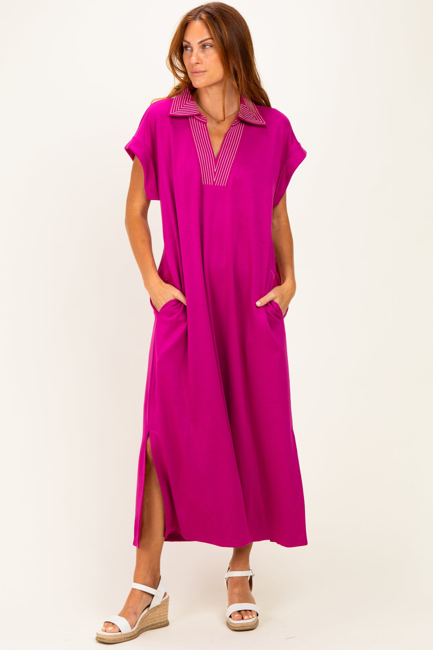 Magenta Striped Collared Side Slit Midi Dress