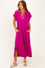 Magenta Striped Collared Side Slit Midi Dress