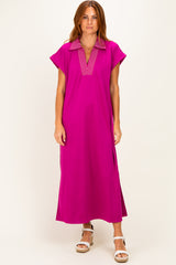 Magenta Striped Collared Side Slit Midi Dress