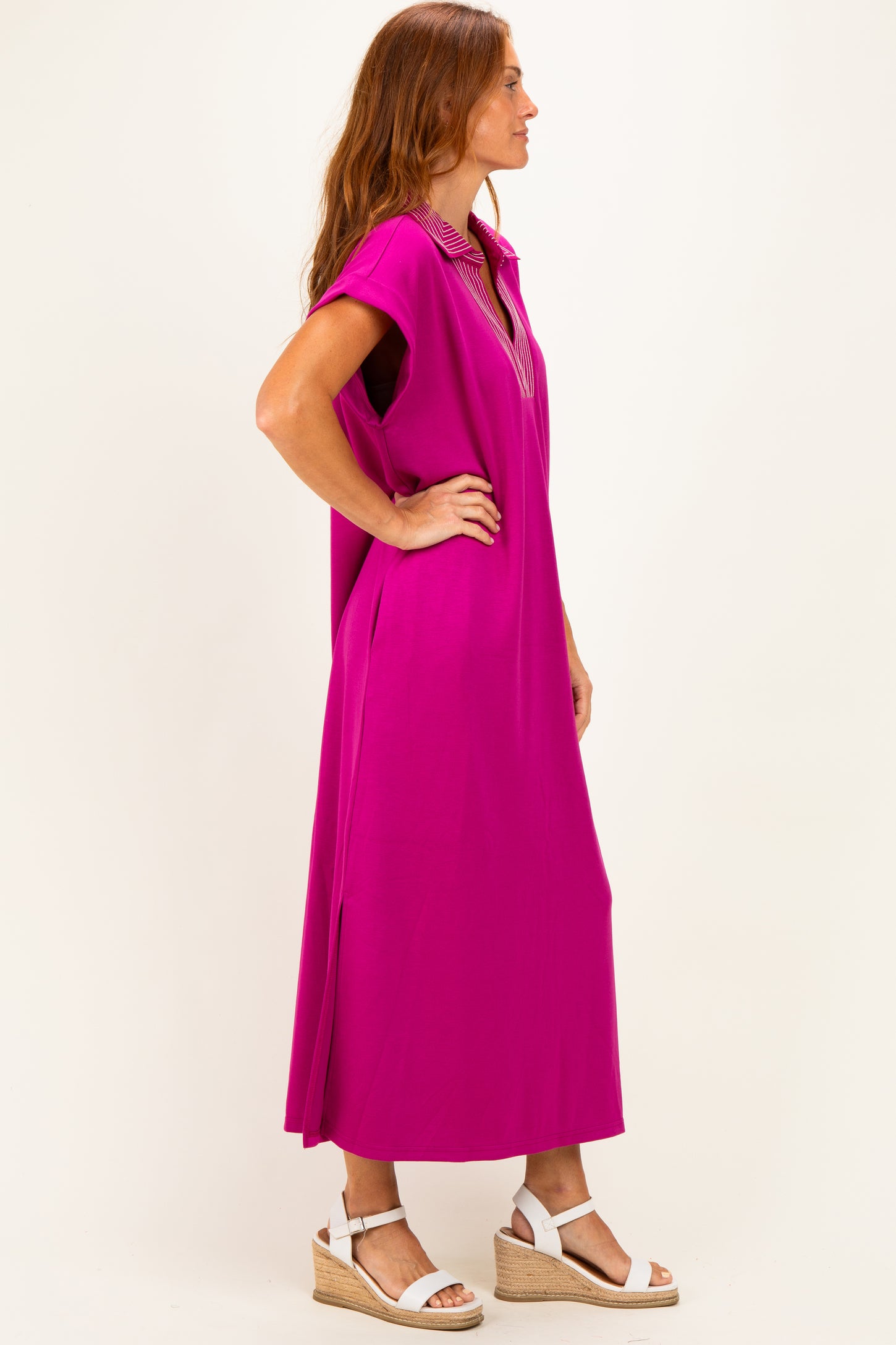 Magenta Striped Collared Side Slit Midi Dress
