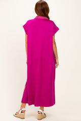 Magenta Striped Collared Side Slit Midi Dress