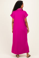 Magenta Striped Collared Side Slit Maternity Midi Dress