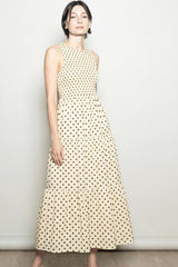 Cream Polka Dot Smocked Tiered Maxi Dress