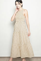 Cream Polka Dot Smocked Tiered Maxi Dress