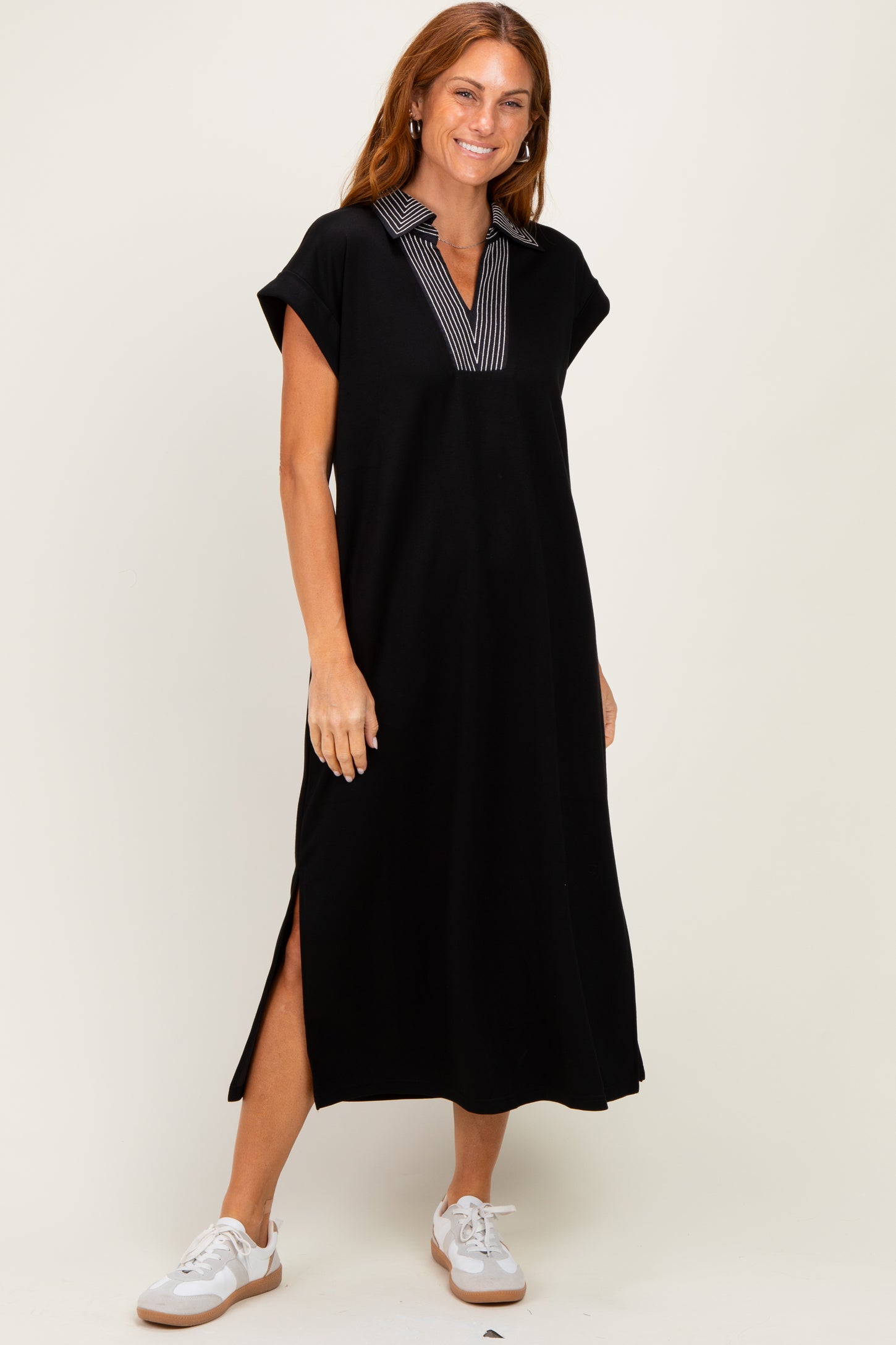 Black Striped Collared Side Slit Midi Dress