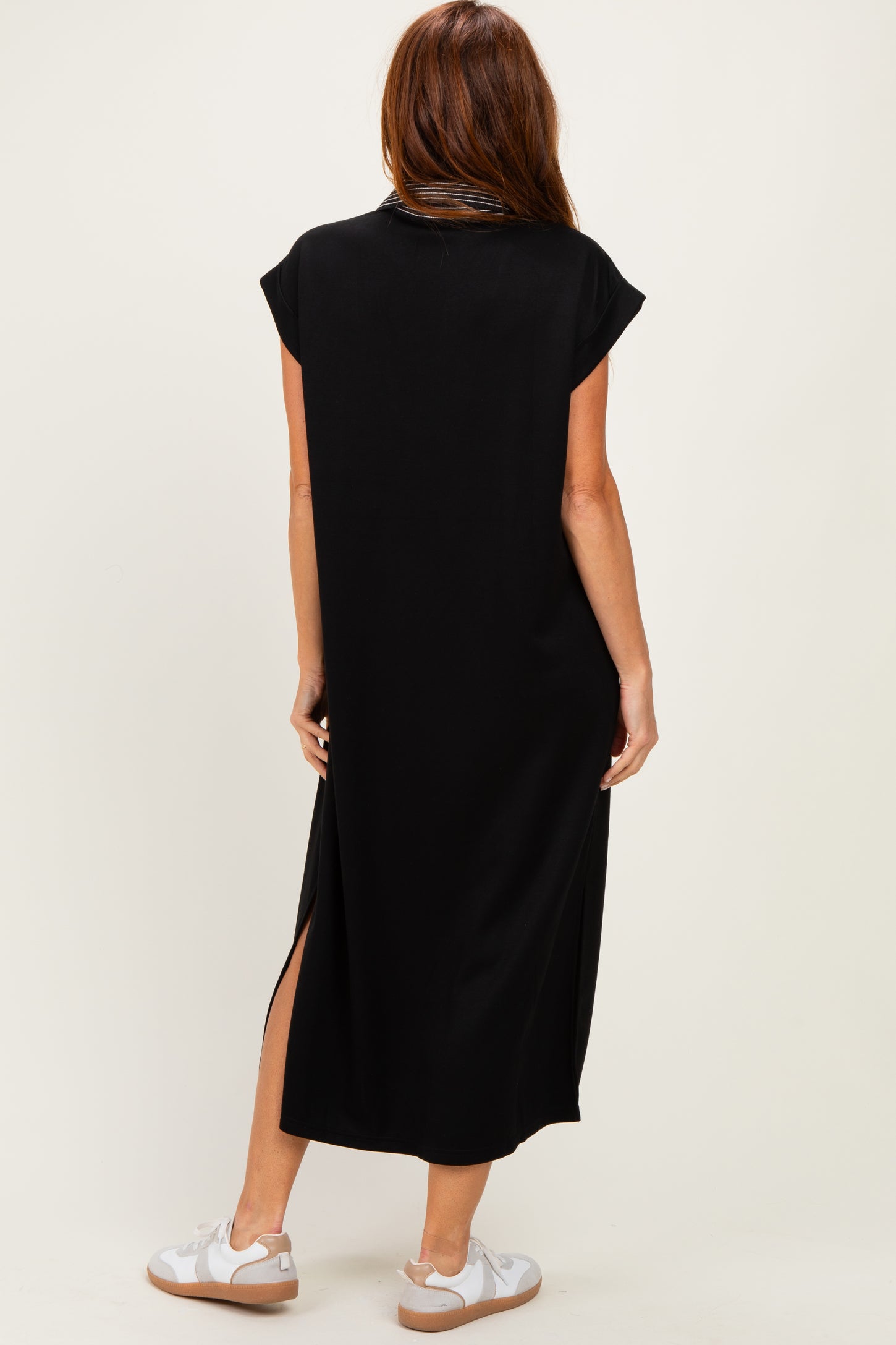 Black Striped Collared Side Slit Midi Dress