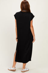 Black Striped Collared Side Slit Midi Dress