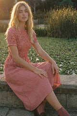 Cherry Smocked Gingham Midi Dress