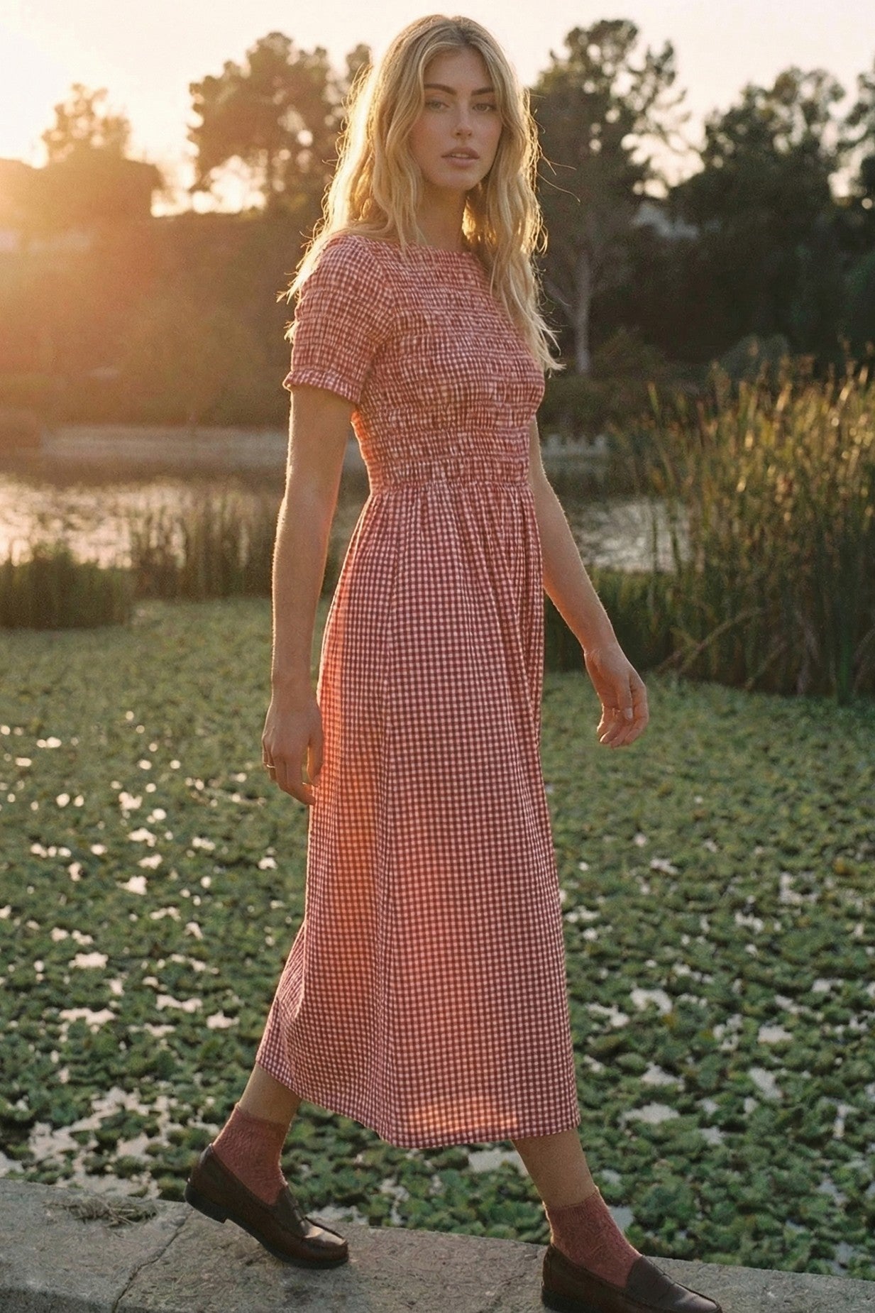 Cherry Smocked Gingham Midi Dress