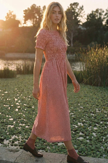 Cherry Smocked Gingham Midi Dress