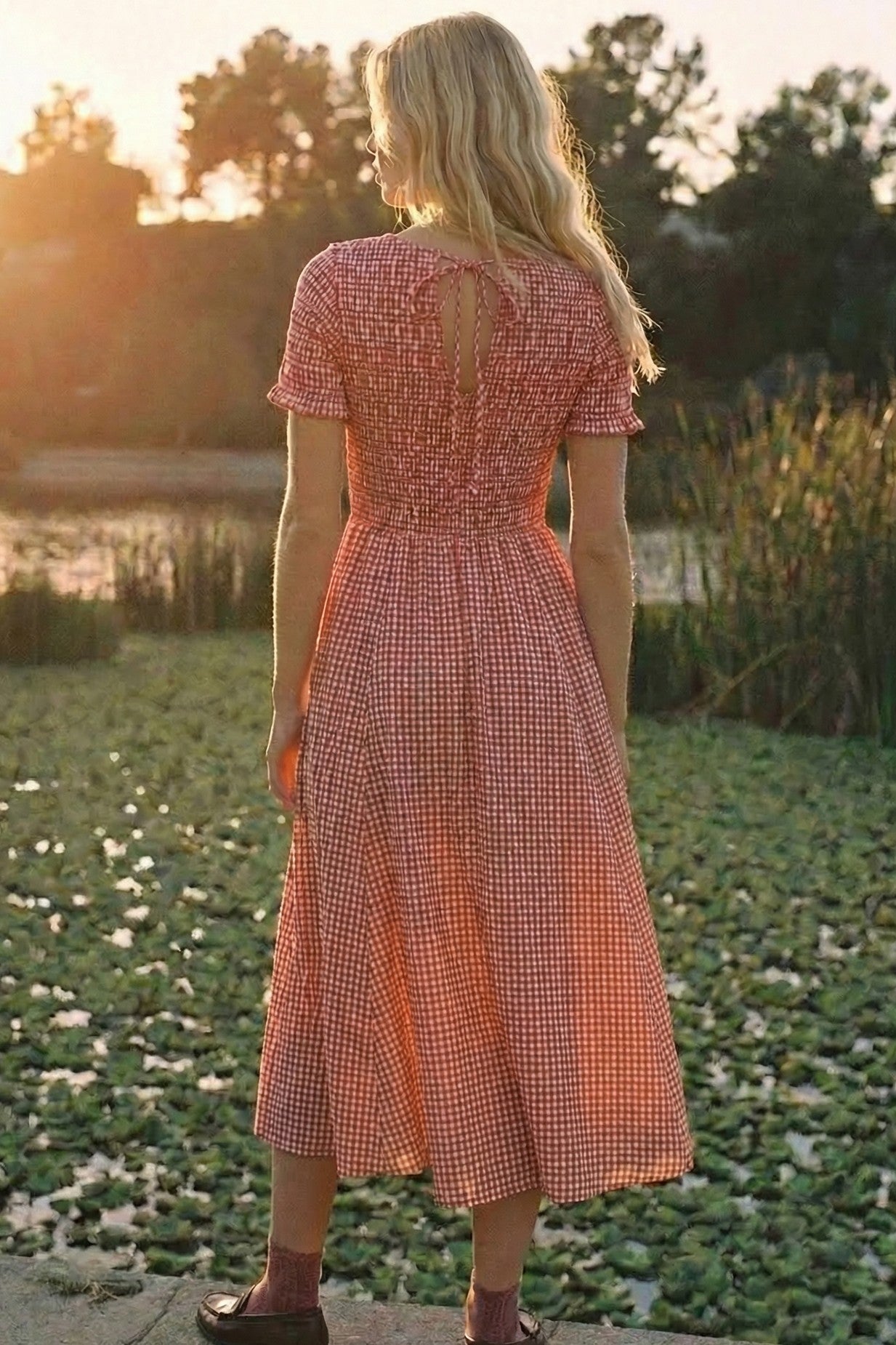 Cherry Smocked Gingham Midi Dress
