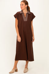Brown Striped Collared Side Slit Midi Dress
