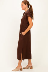 Brown Striped Collared Side Slit Midi Dress