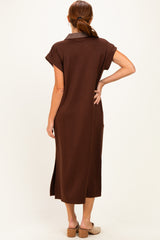 Brown Striped Collared Side Slit Midi Dress