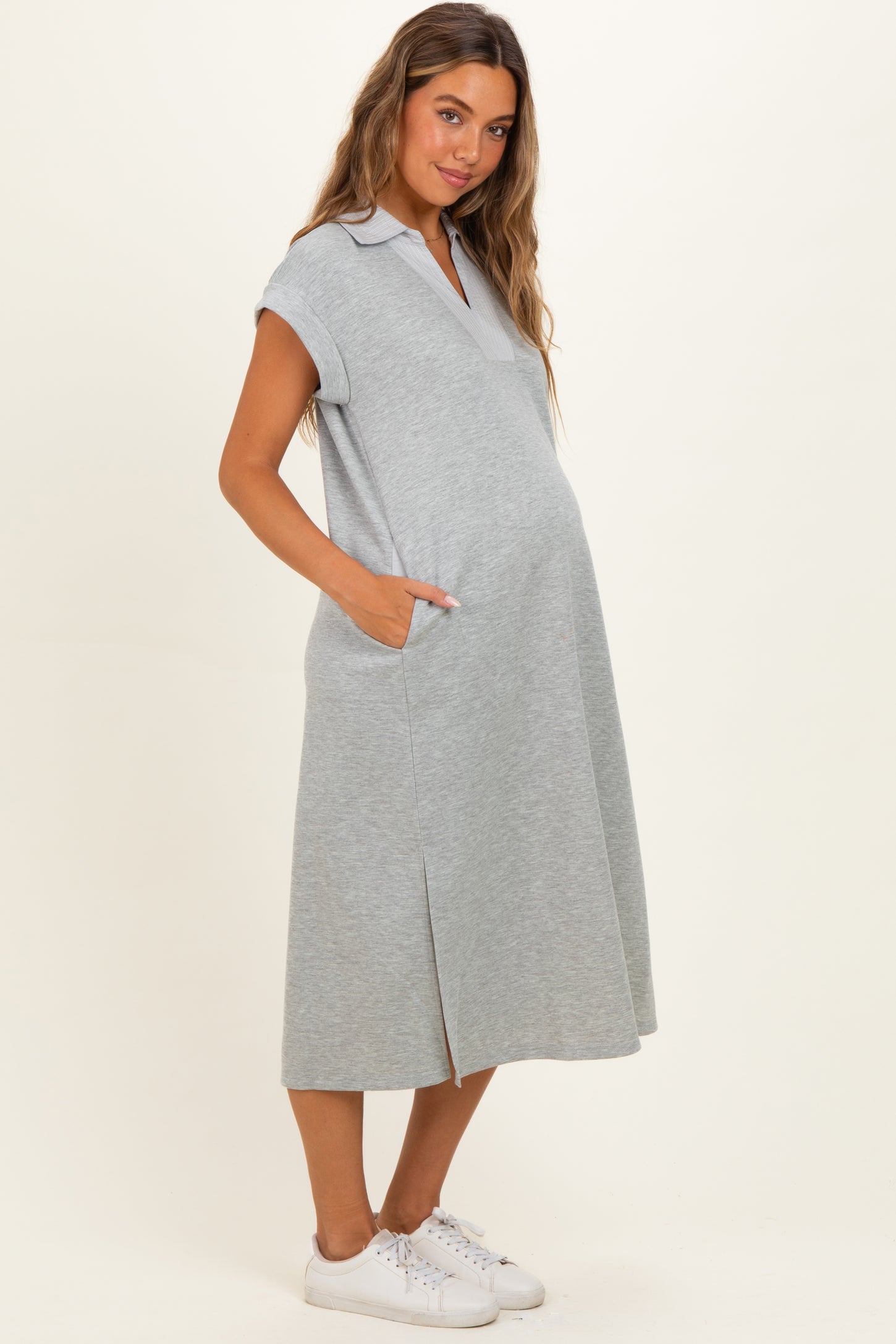 Heather Grey Striped Collared Side Slit Maternity Midi Dress