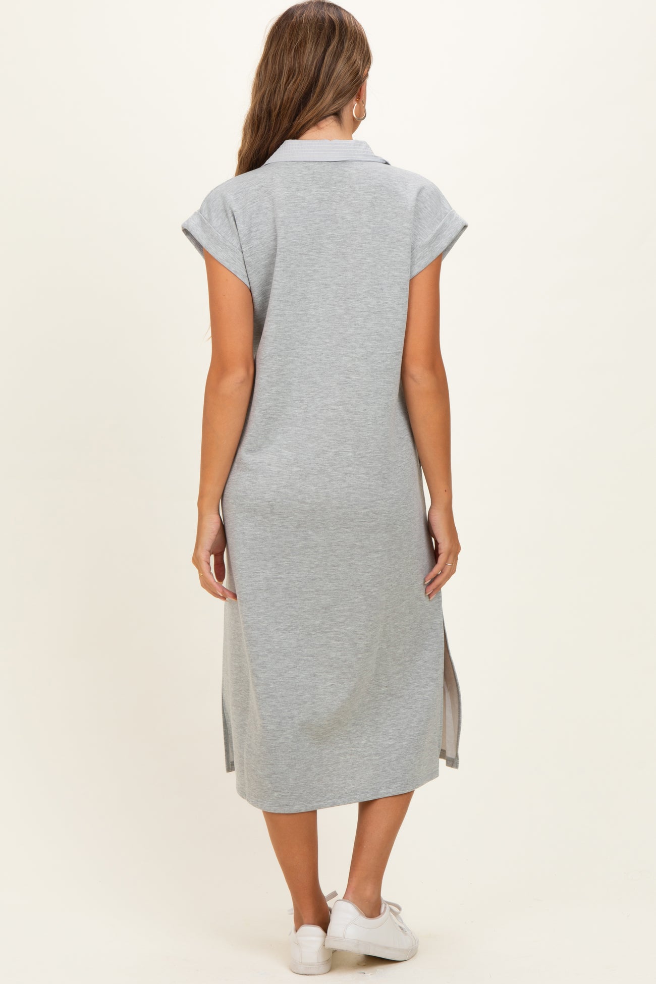 Heather Grey Striped Collared Side Slit Maternity Midi Dress