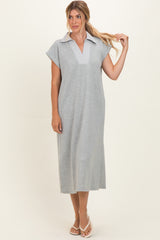 Heather Grey Striped Collared Side Slit Maternity Midi Dress