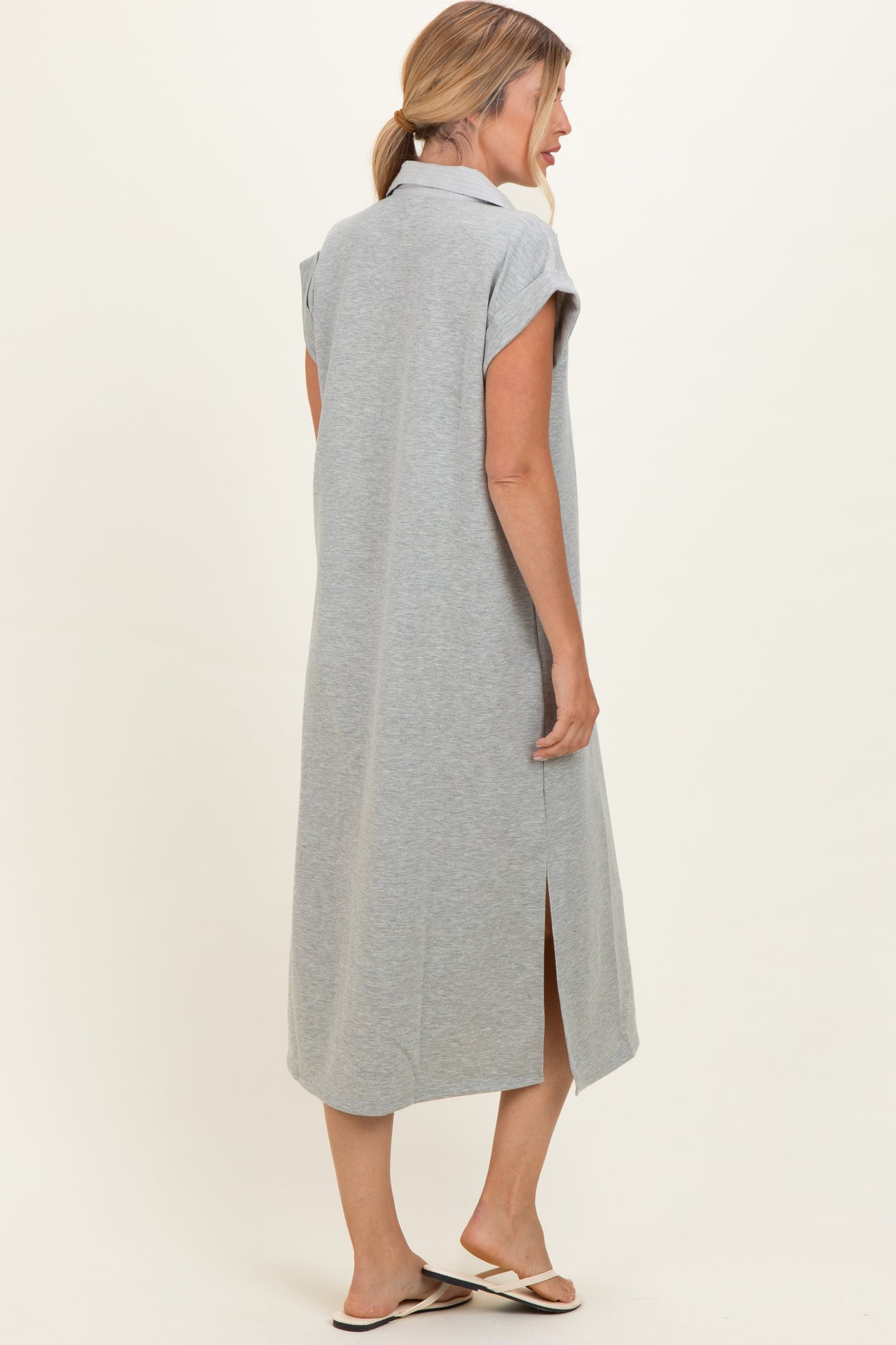 Heather Grey Striped Collared Side Slit Midi Dress