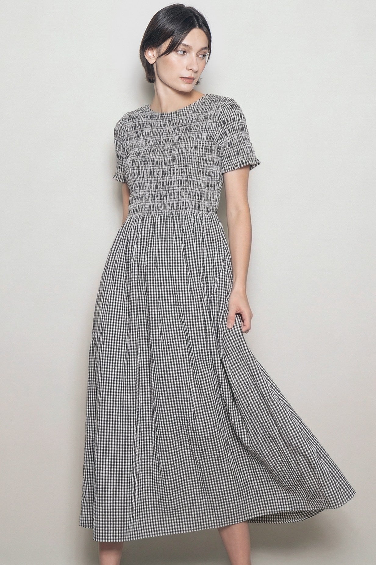 Black Smocked Gingham Midi Dress