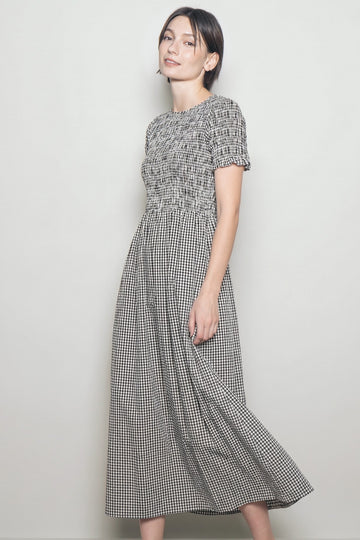 Black Smocked Gingham Midi Dress