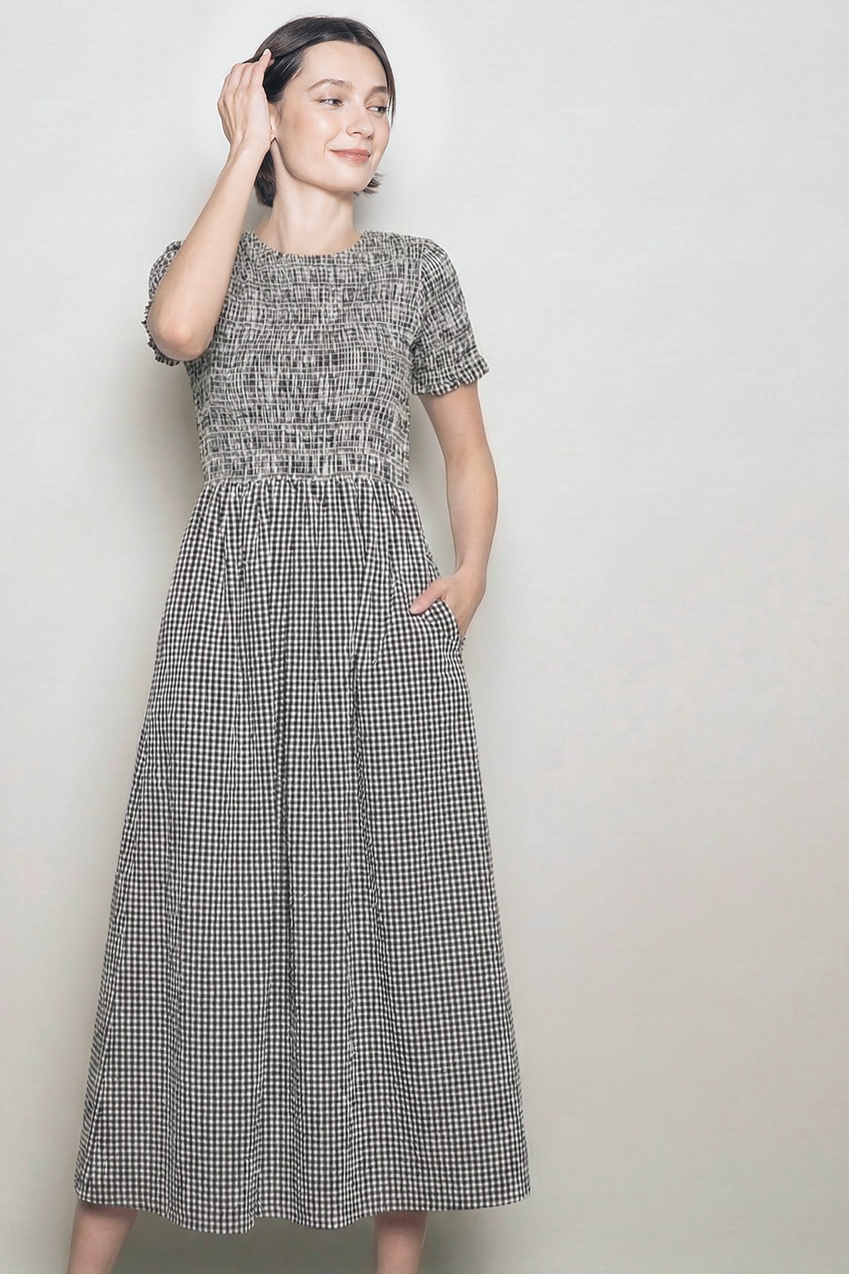 Black Smocked Gingham Midi Dress