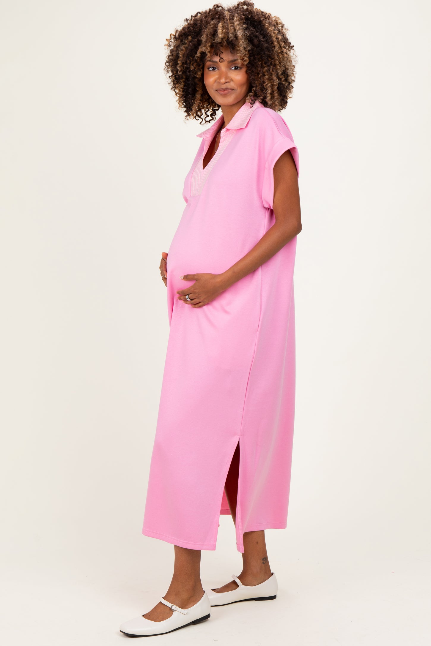 Pink Striped Collared Side Slit Maternity Midi Dress
