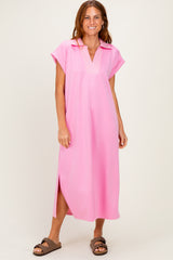 Pink Striped Collared Side Slit Midi Dress
